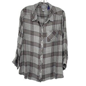 Catherines Plaid Button Front Blouse Women's 1XWP Metallic Lightweight Rayon‎